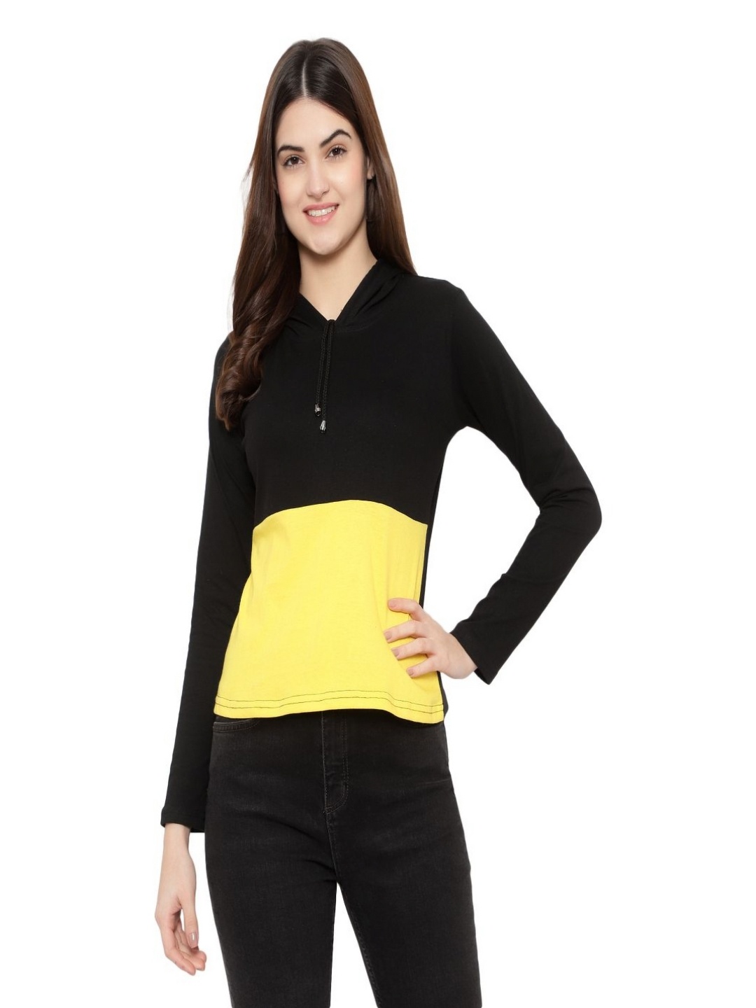 

DEEPMAYRA COLLECTION Women Colourblocked Hooded Cotton T-shirt, Black
