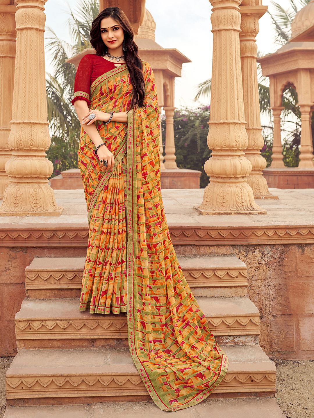 

Mitera Printed Pure Chiffon Saree, Orange