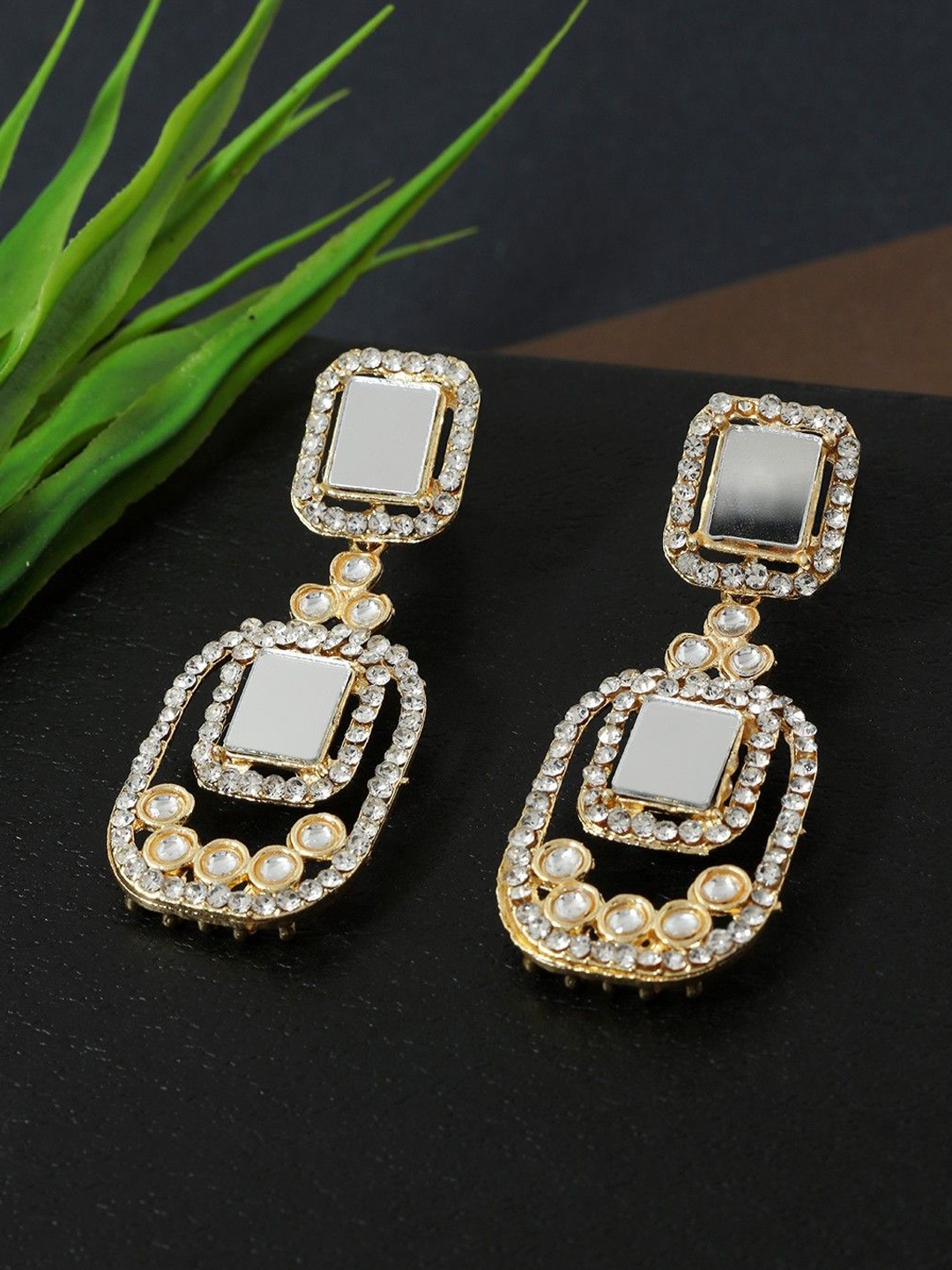 

Anouk White Sliver Plated Artificial Studded Rhinestone Square Earrings, Gold