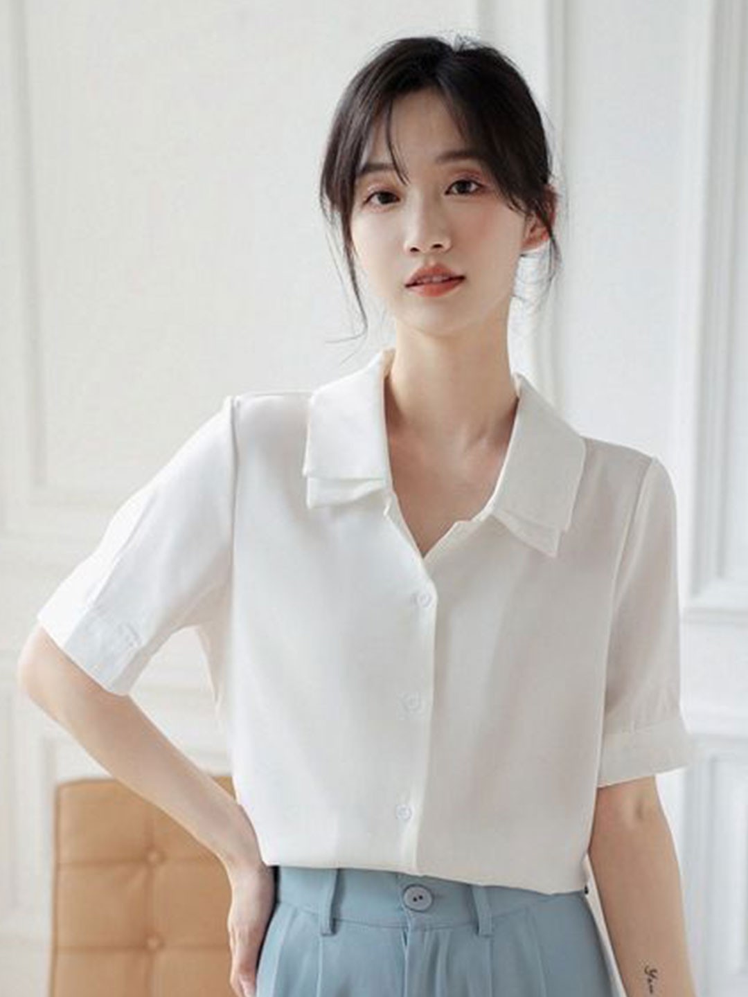 

StyleCast Women Spread Collar Solid Casual Shirt, White