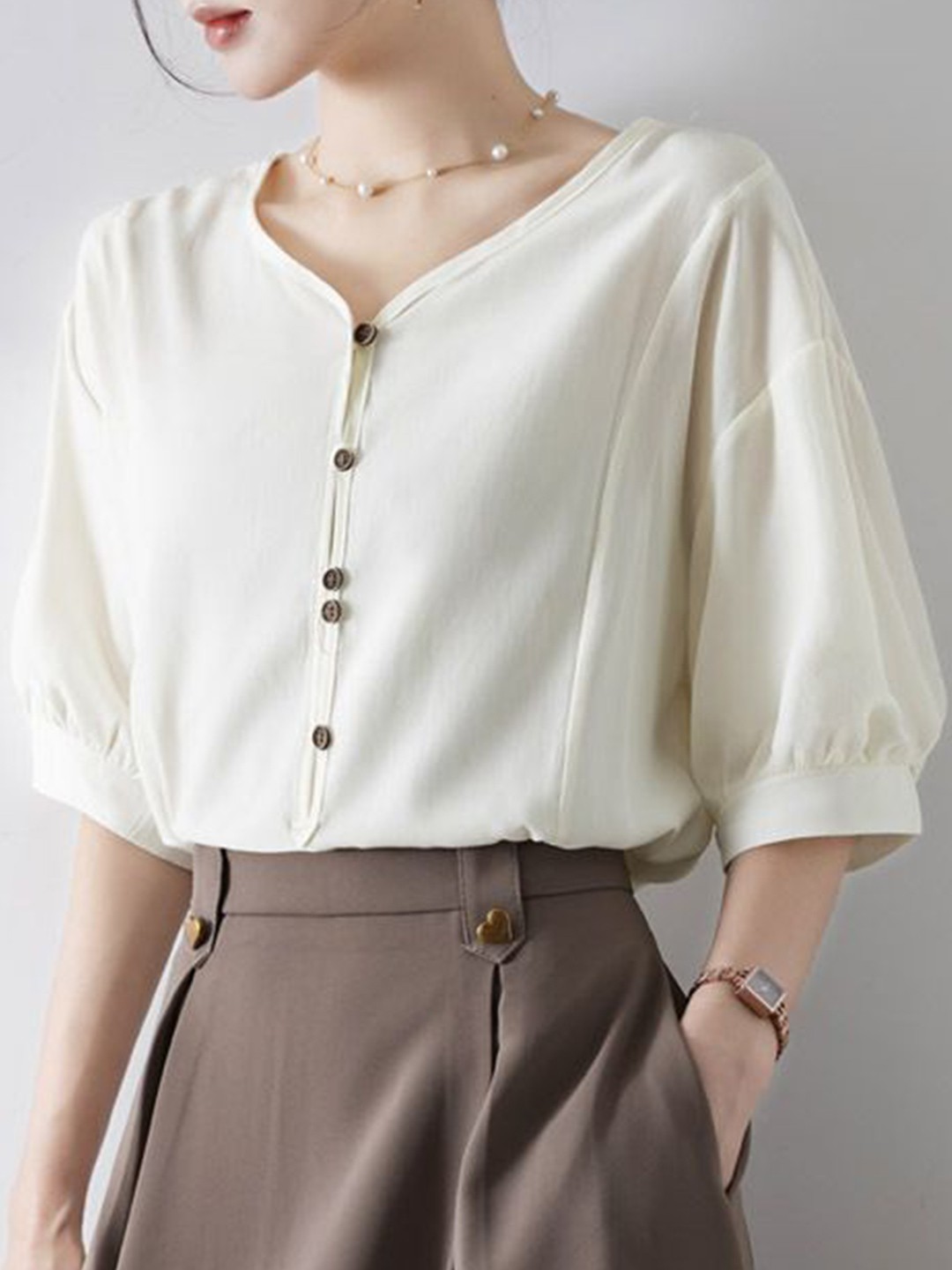 

StyleCast Women Solid Drop-Shoulder Sleeves Relaxed Fit Casual Shirt, Cream