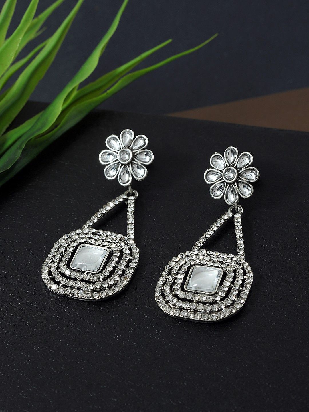 

Anouk White Silver Plated Oxidised Artificial Studded Rhinestone Drop Earrings