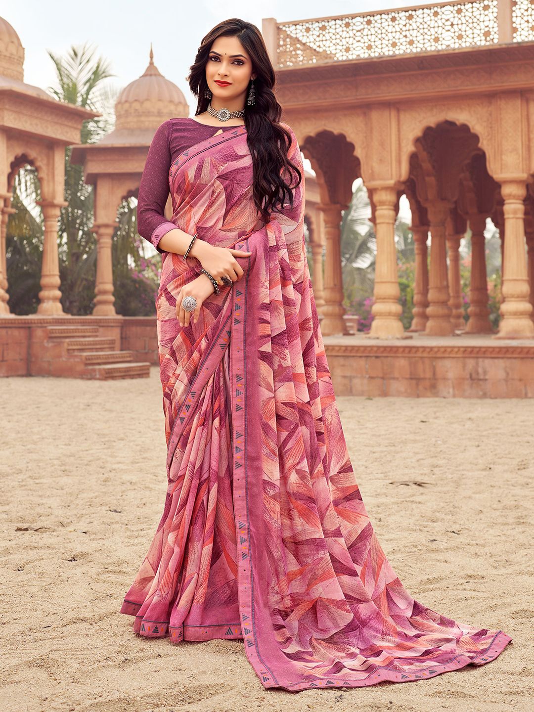 Mitera Printed Pure Chiffon Saree, Pink