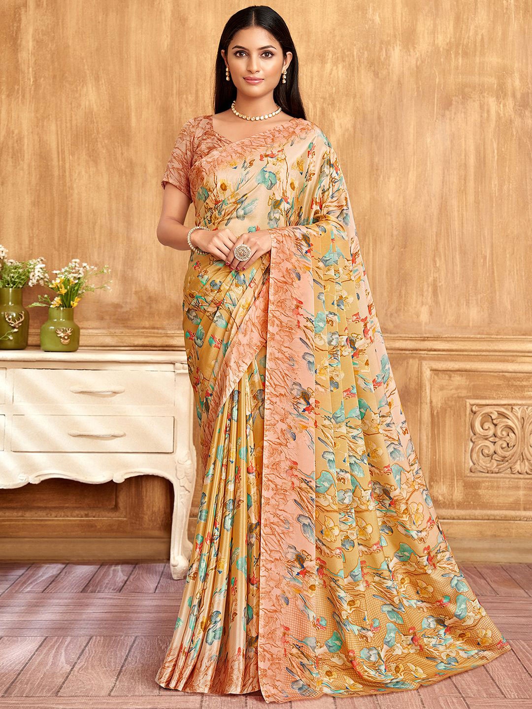

Mitera Floral Printed Pure Crepe Saree, Yellow