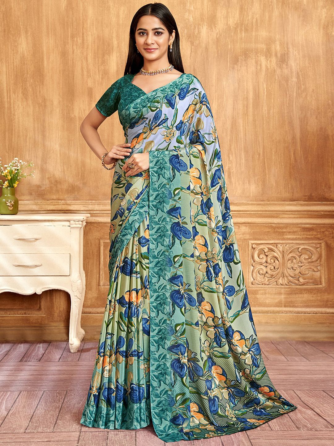 

Mitera Floral Printed Pure Crepe Saree, Green