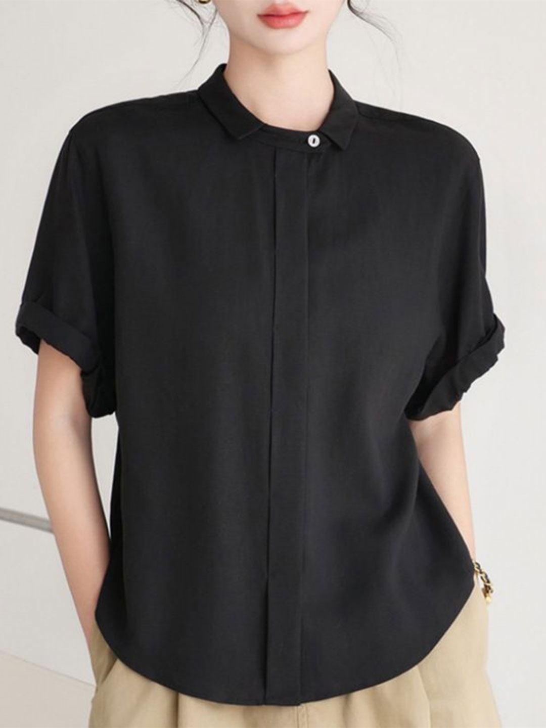 

StyleCast Women Solid Roll-Up Sleeves Casual Shirt, Black