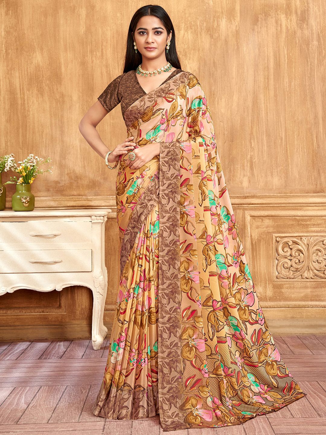 

Mitera Floral Printed Pure Crepe Saree, Brown