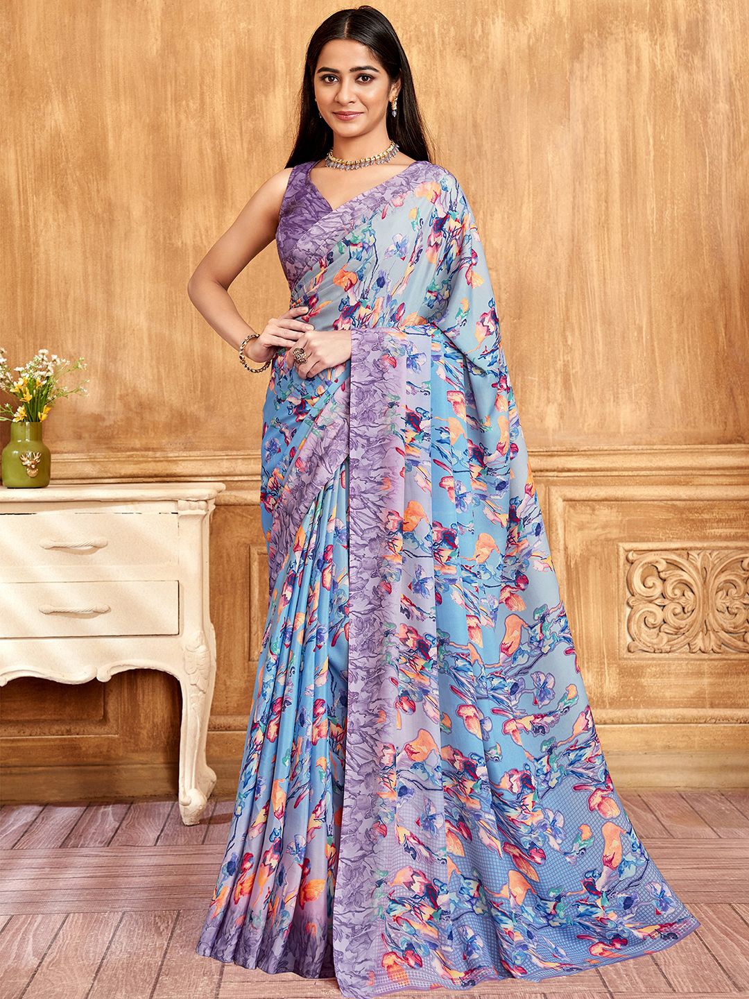 

Mitera Floral Printed Pure Crepe Saree, Purple