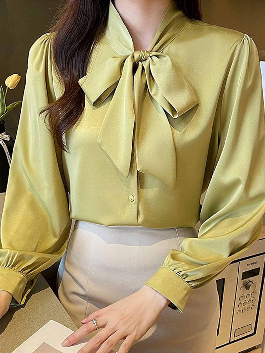 

StyleCast Women Solid Puff Sleeves Tie-Ups Casual Shirt, Green
