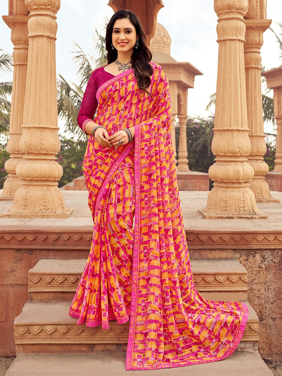 

Mitera Printed Pure Chiffon Saree, Pink