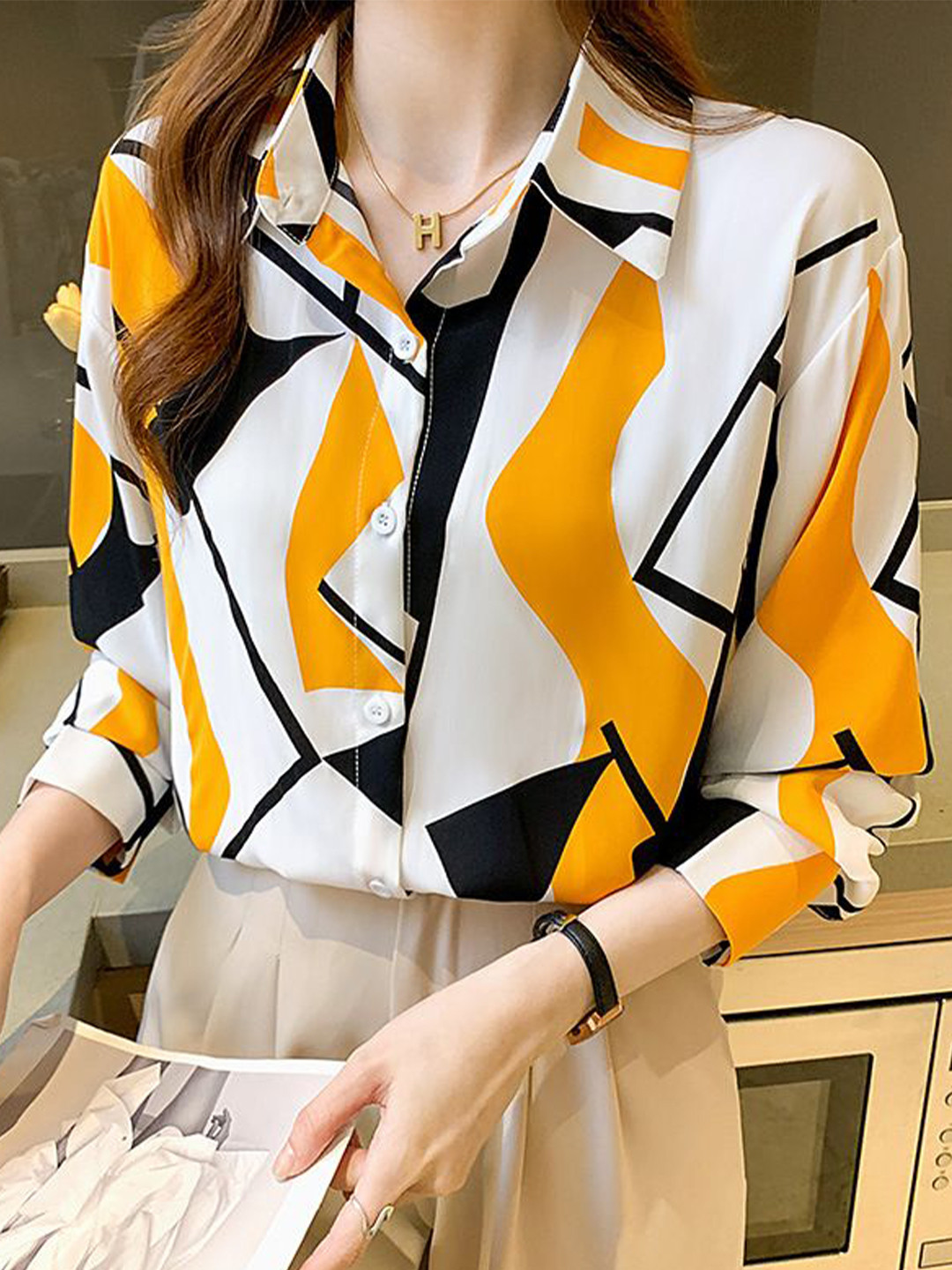 

StyleCast Women Spread Collar Abstract Printed Casual Shirt, White