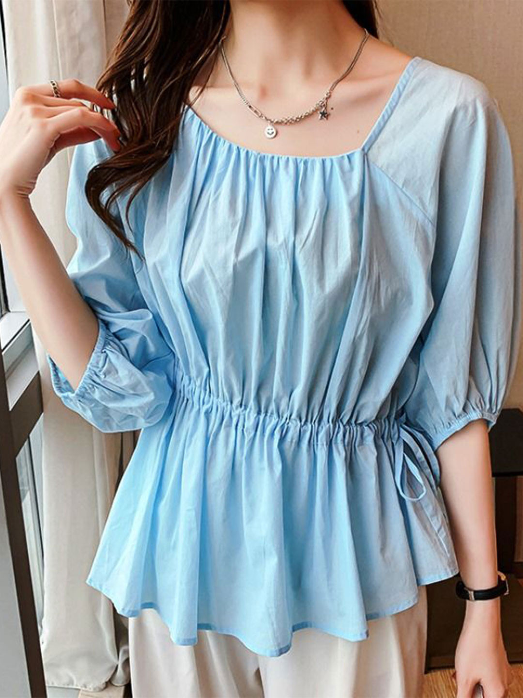 

StyleCast Women Solid Round Neck Pure Cotton Top, Blue