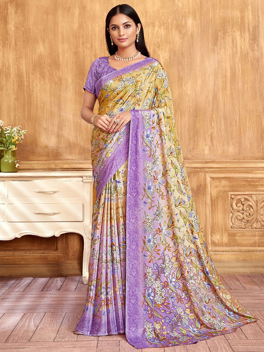 

Mitera Floral Printed Pure Crepe Saree, Purple