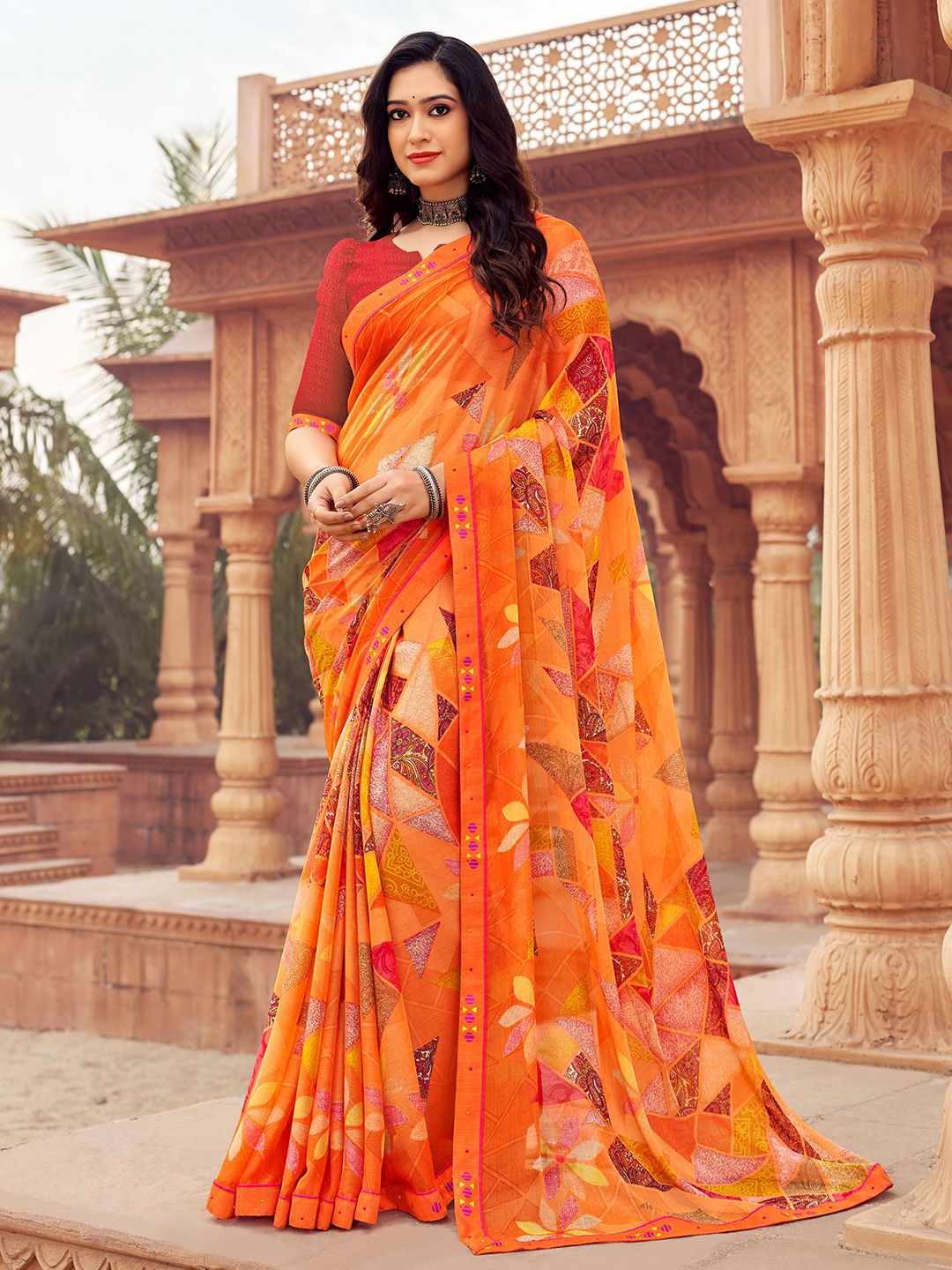 

Mitera Printed Pure Chiffon Saree, Orange