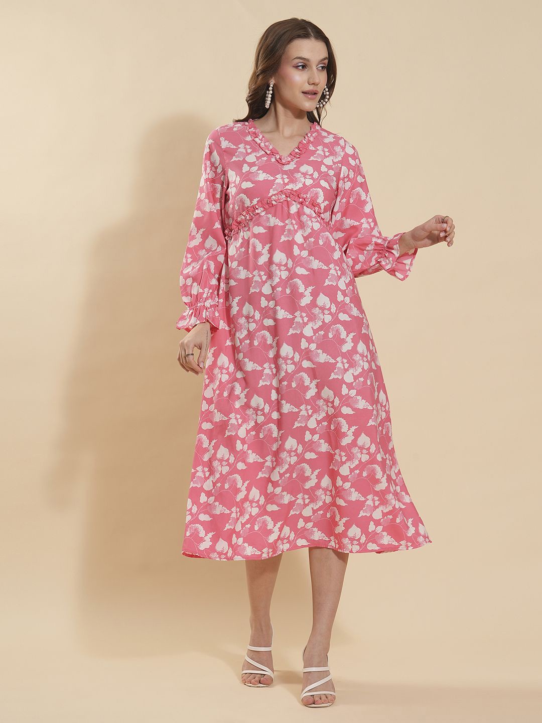 DressBerry Floral Printed Ruffled Empire Midi Dress, Pink