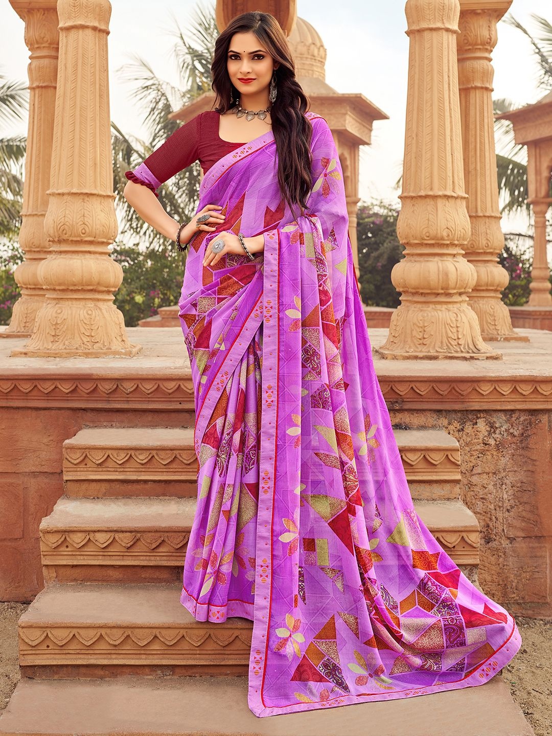 

Mitera Abstract Printed Pure Chiffon Saree, Purple