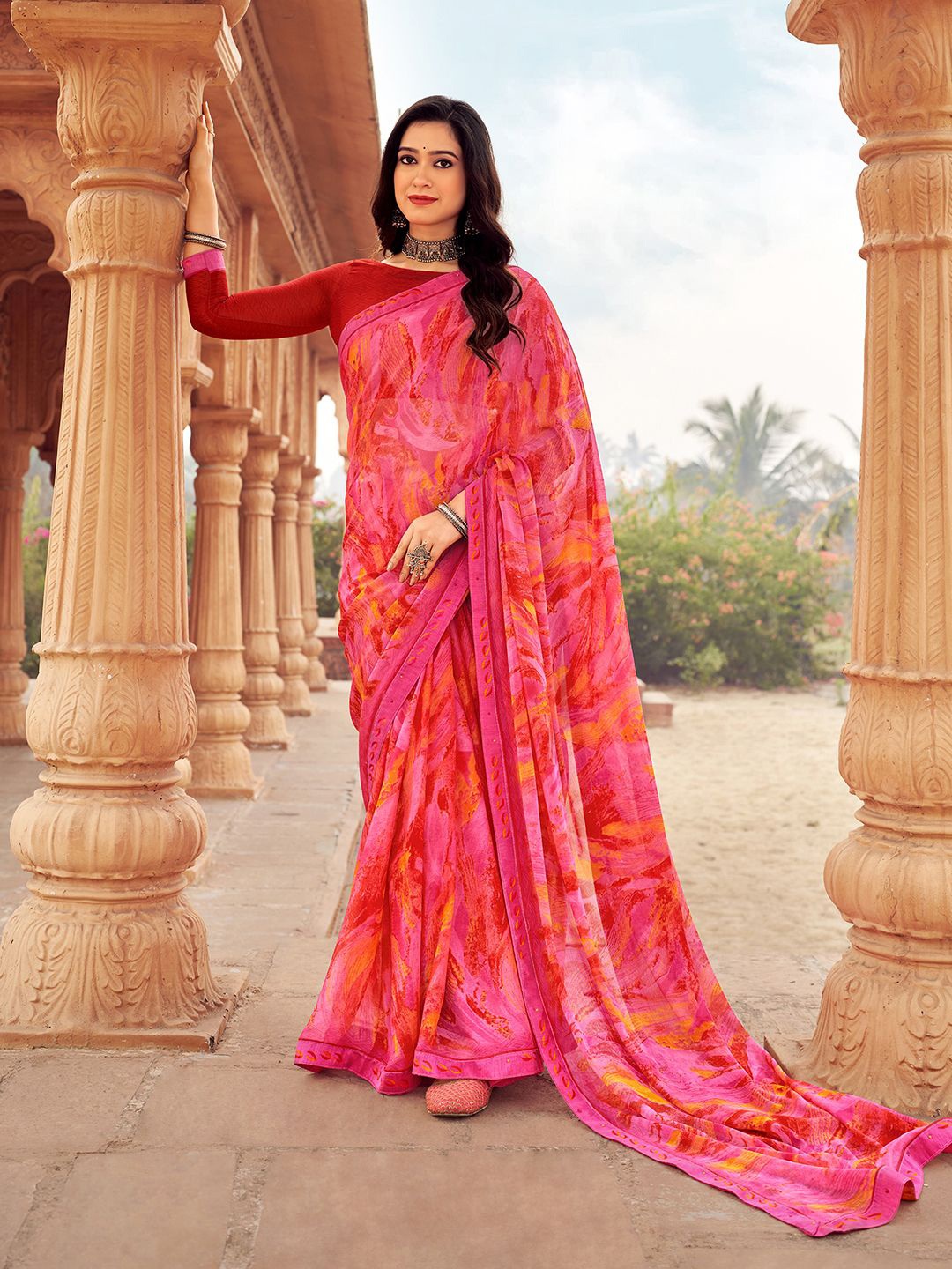 

Mitera Abstract Printed Pure Chiffon Saree, Pink