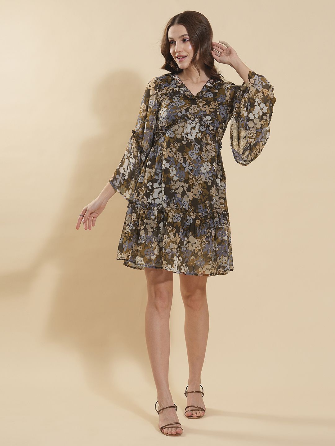 

DressBerry Floral Print Bell Sleeve Ruffled Crepe Fit & Flare Dress, Brown