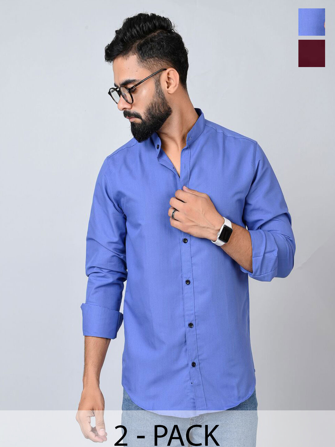 

Tanip Men Pack Of 2 Band Collar Solid Cotton Casual Shirts, Maroon