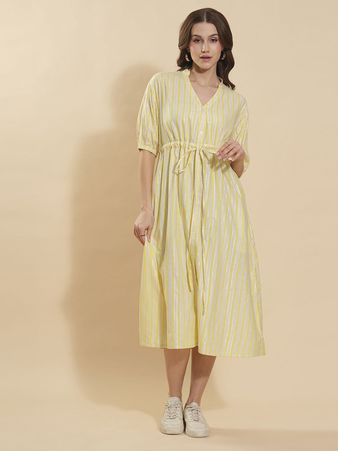 

DressBerry Women Striped Tie-Ups Shirt Midi Dress, Yellow