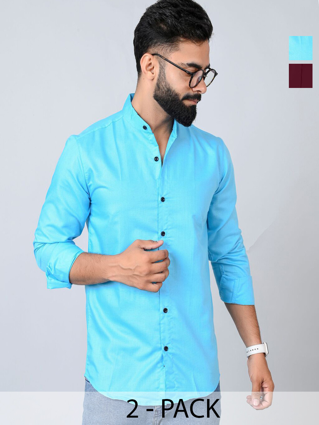 

Tanip Men Pack Of 2 Band Collar Solid Cotton Casual Shirts, Maroon