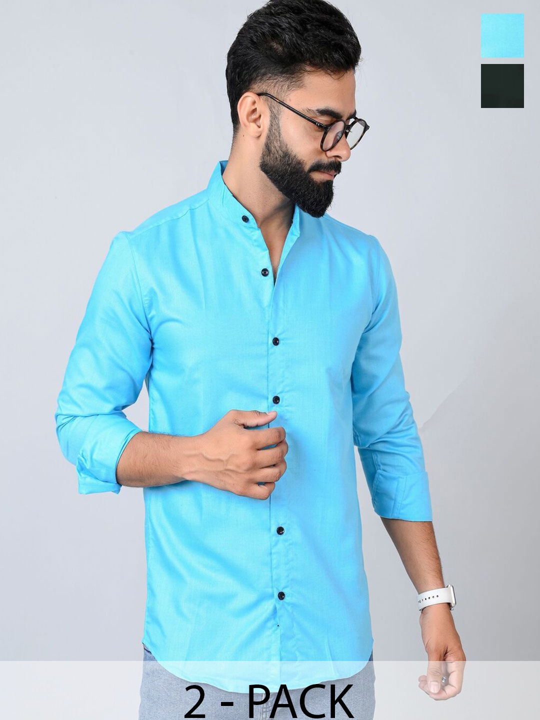 

Tanip Men Pack Of 2 Band Collar Solid Cotton Casual Shirts, Turquoise blue