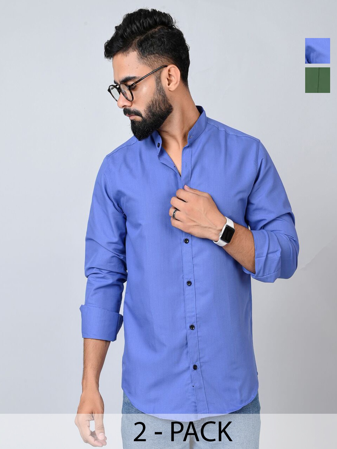 

Tanip Men Pack Of 2 Band Collar Solid Cotton Casual Shirts, Green