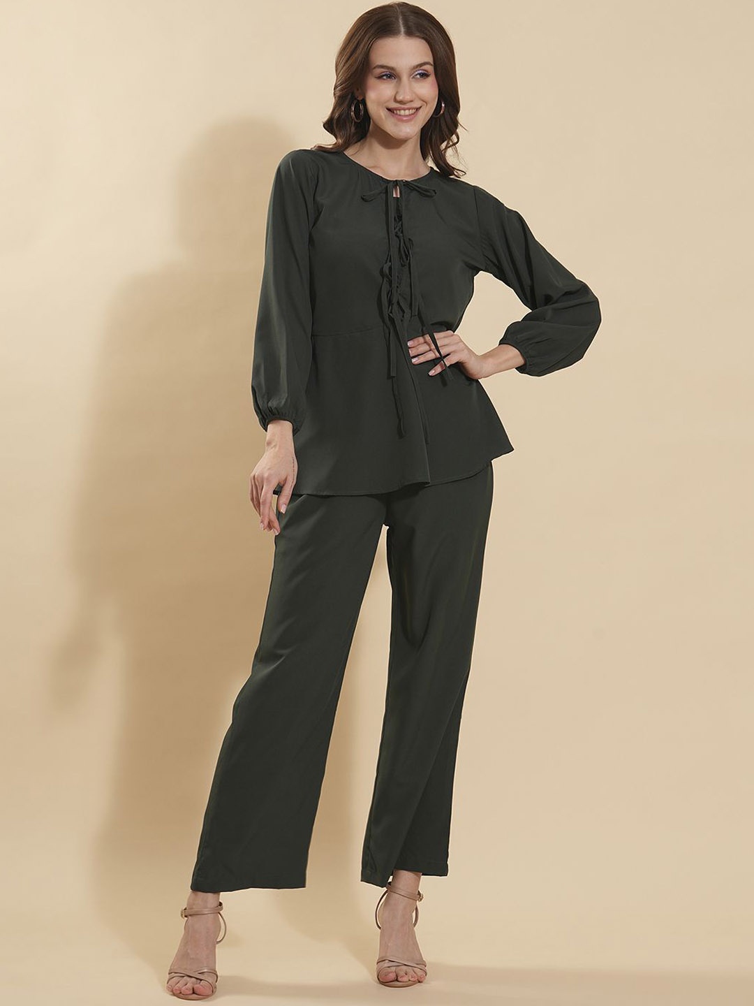 

DressBerry Teal Green Tie-up Neck Top & Trouser