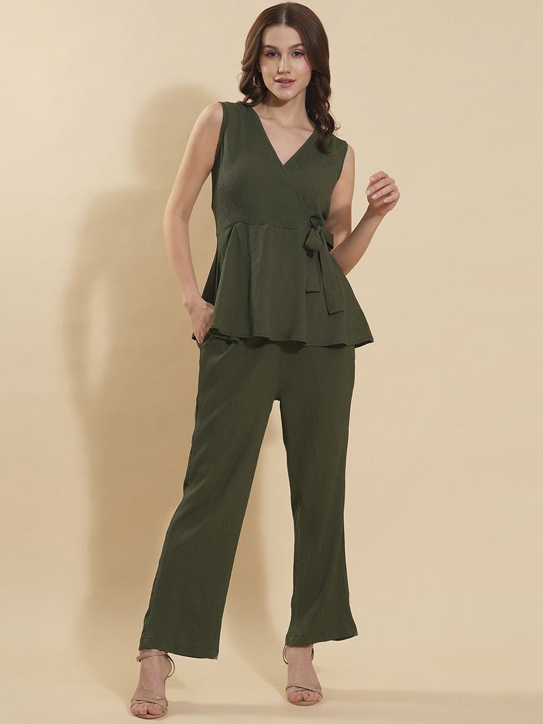 

DressBerry Olive Green V-Neck Top & Trousers