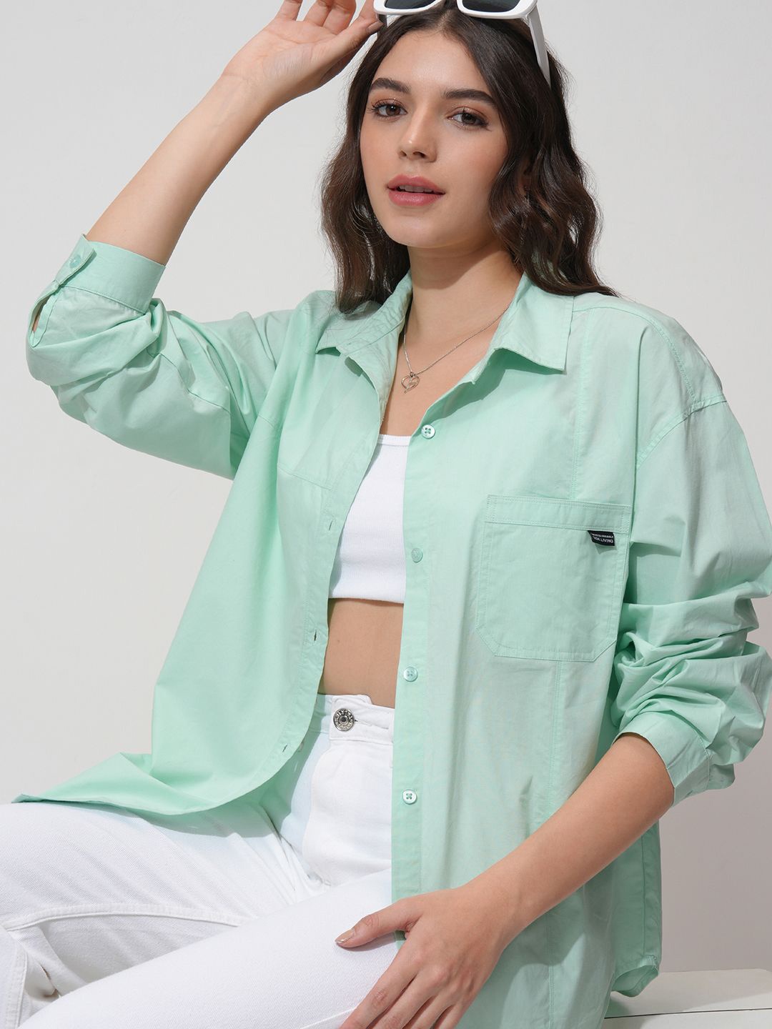 

CHIC BY TOKYO TALKIES Women Relaxed Fit Spread Collar Solid Cotton Casual Shirt, Sea green