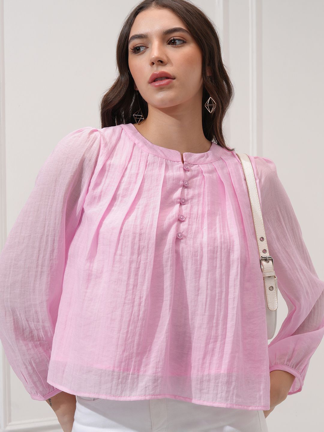 

CHIC BY TOKYO TALKIES Women Puff Sleeves Pleated Top, Pink