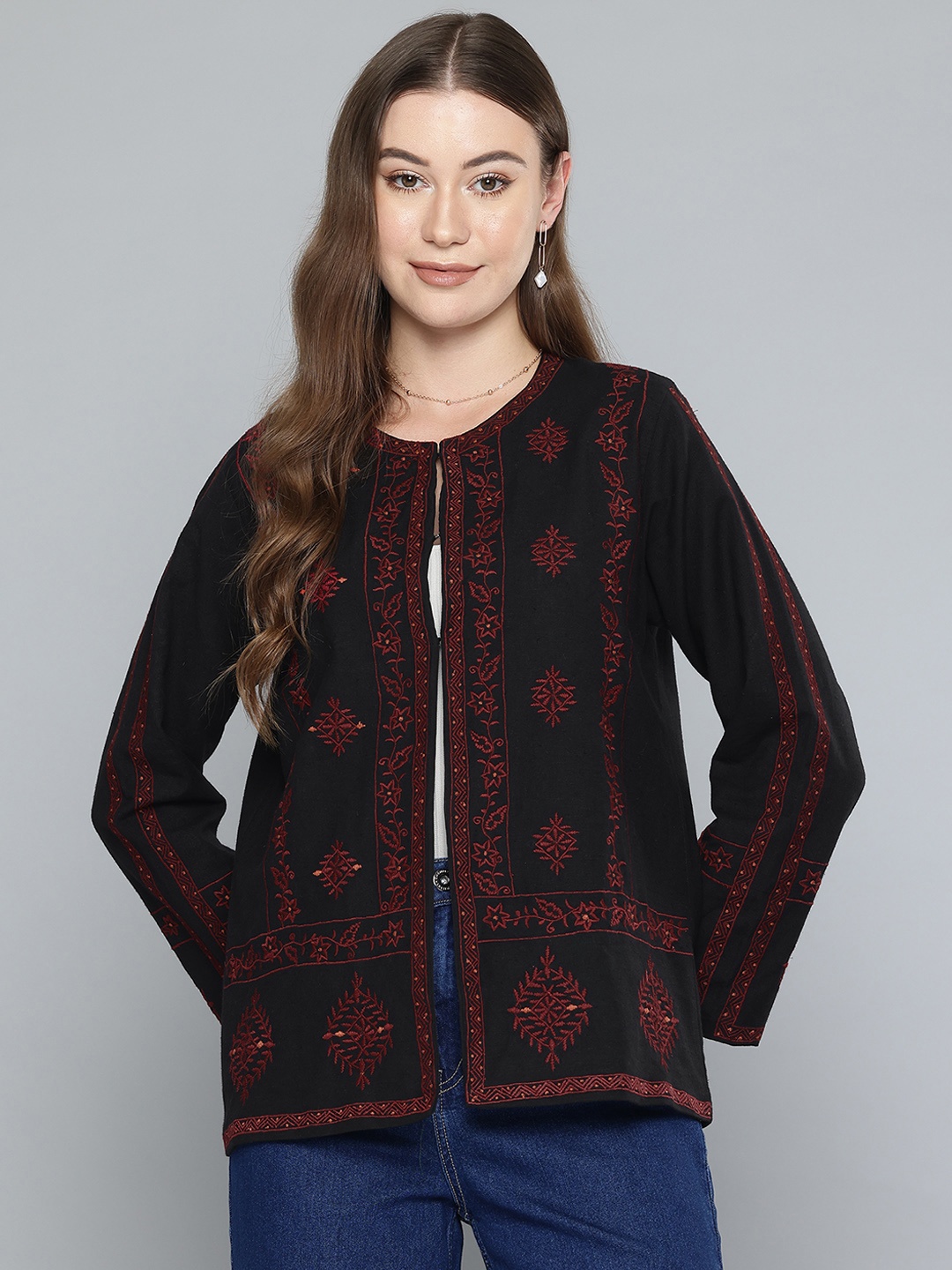

SCOUP Floral Embroidered Linen Tailored Jacket, Black