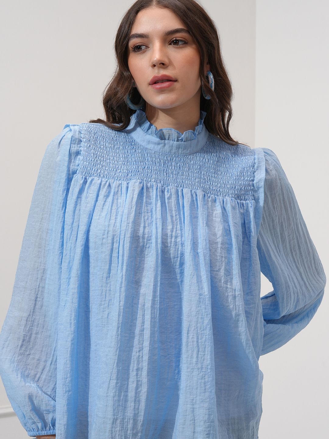 CHIC BY TOKYO TALKIES Women High Neck Bishop Sleeves A-Line Top, Blue
