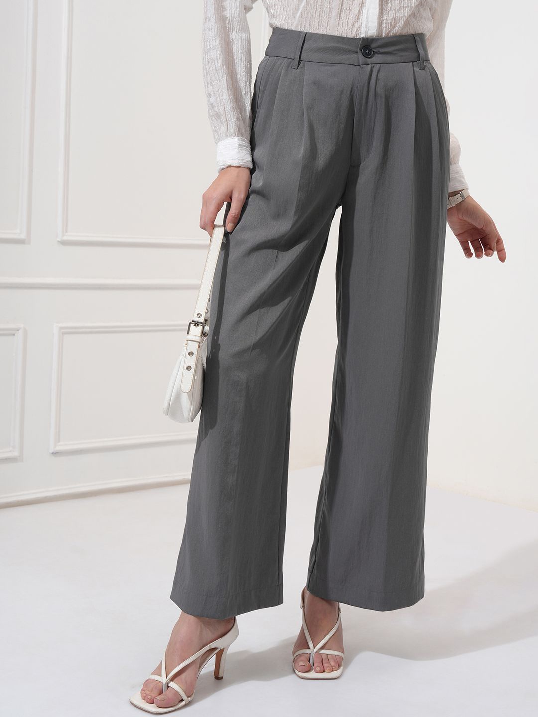 

CHIC BY TOKYO TALKIES Women Mid-Rise Pleated Wide leg Flared Formal Trousers, Grey