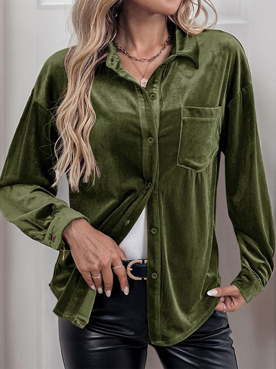

StyleCast Women Spread Collar Solid Casual Shirt, Olive