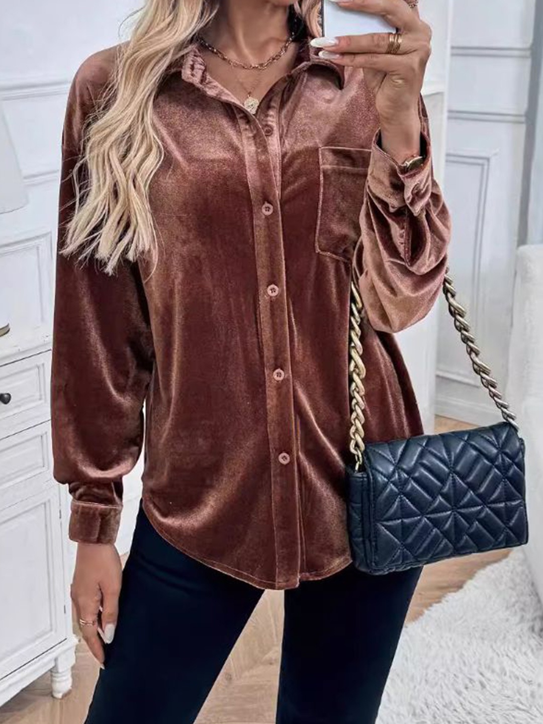 

StyleCast Women Spread Collar Solid Casual Shirt, Brown
