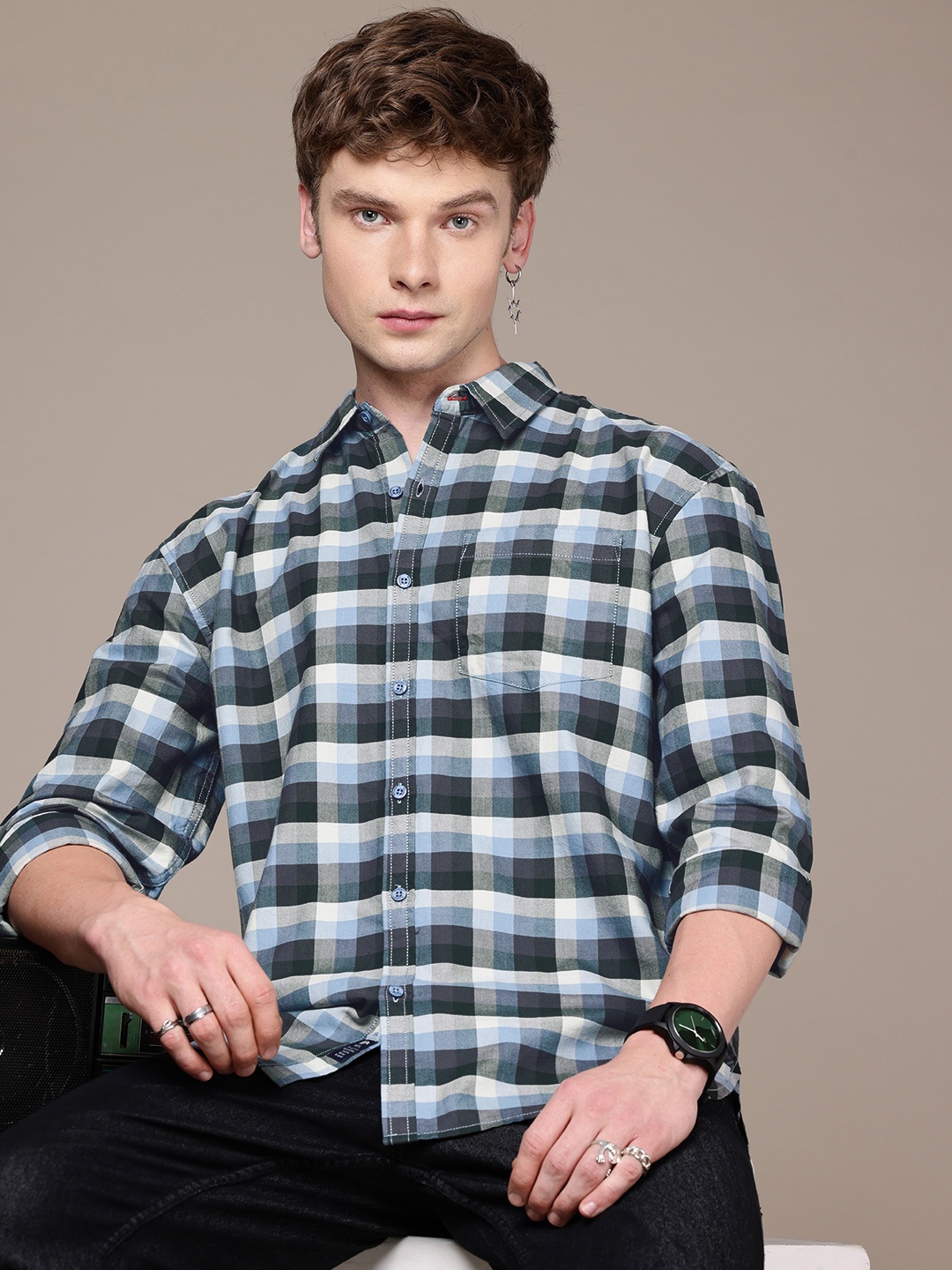 

The Roadster Life Co. Relaxed Fit Checked Pure Cotton Casual Shirt, Blue