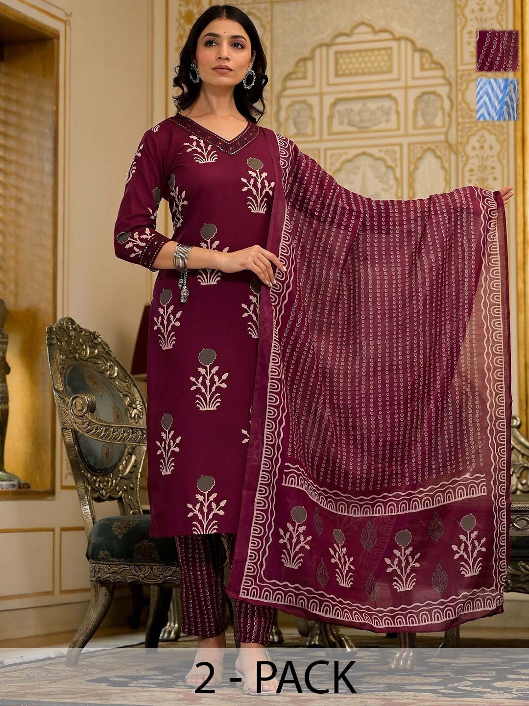 

KALINI Selection Of 2 Ethnic Motifs Printed V-Neck Kurtas With Trousers & Dupattas, White