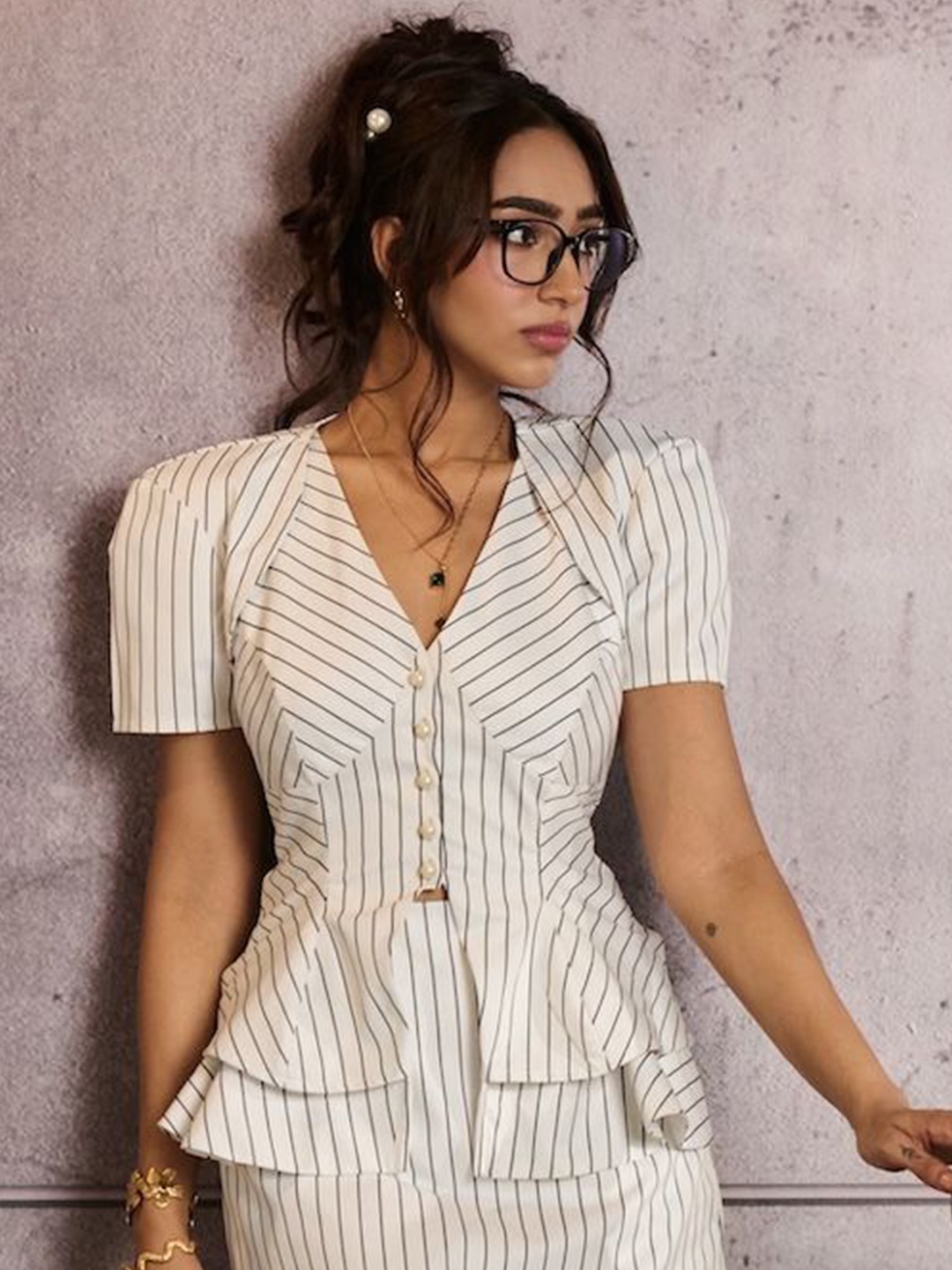 

Lea Clothing Co. Women Asymmetrical Striped Top with Mini Shrug, White