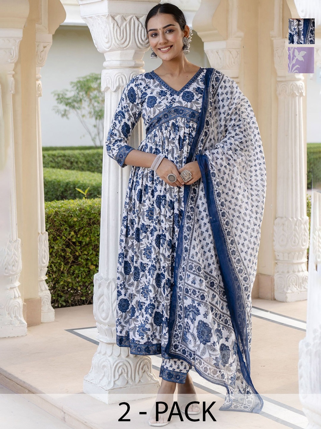 

KALINI Selection Of 2 Ethnic Motifs Printed V-Neck Kurtas With Trousers & Dupattas, Lavender