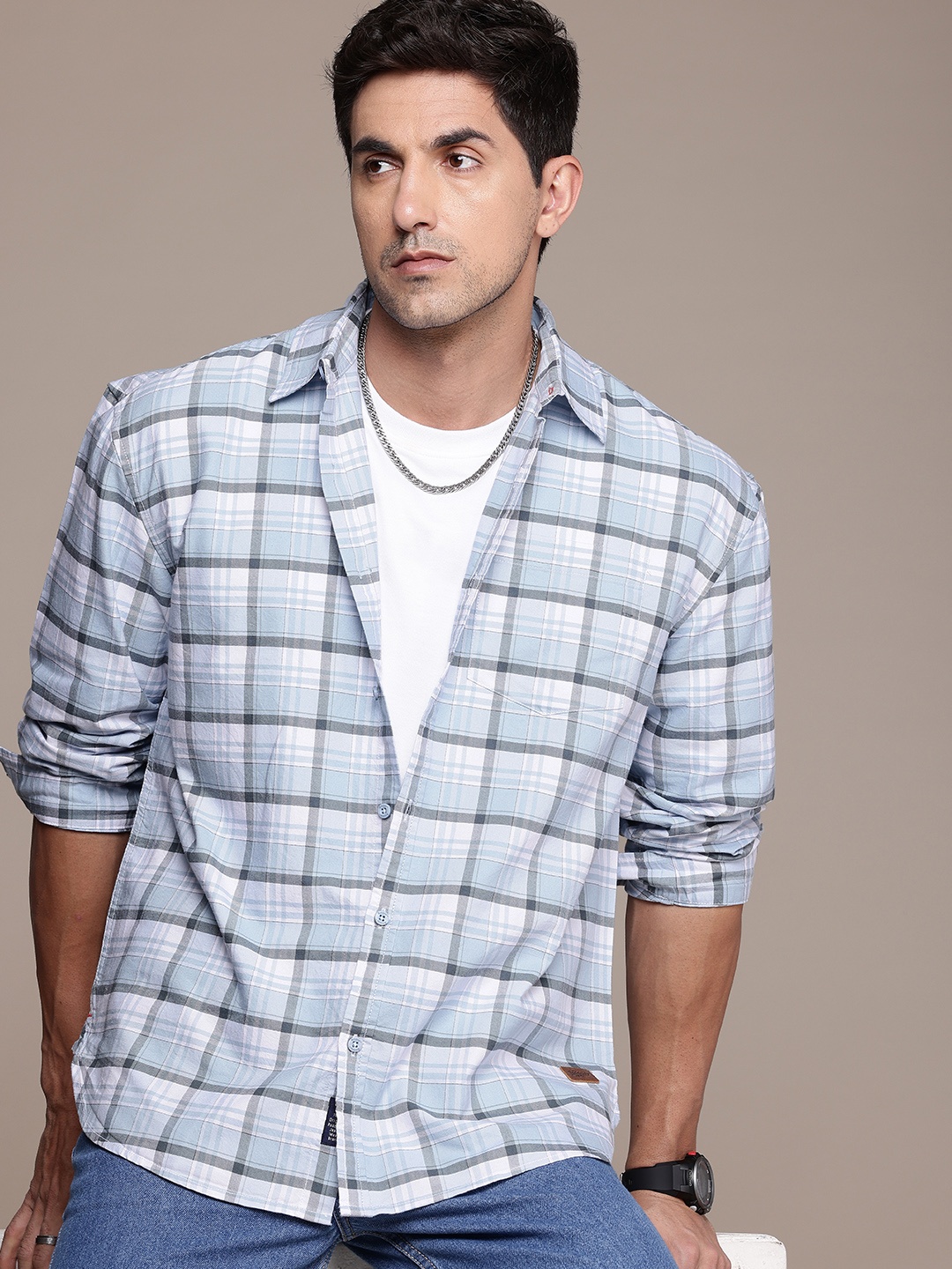 

The Roadster Life Co. Opaque Checked Pure Cotton Relaxed Fit Casual Shirt, Blue