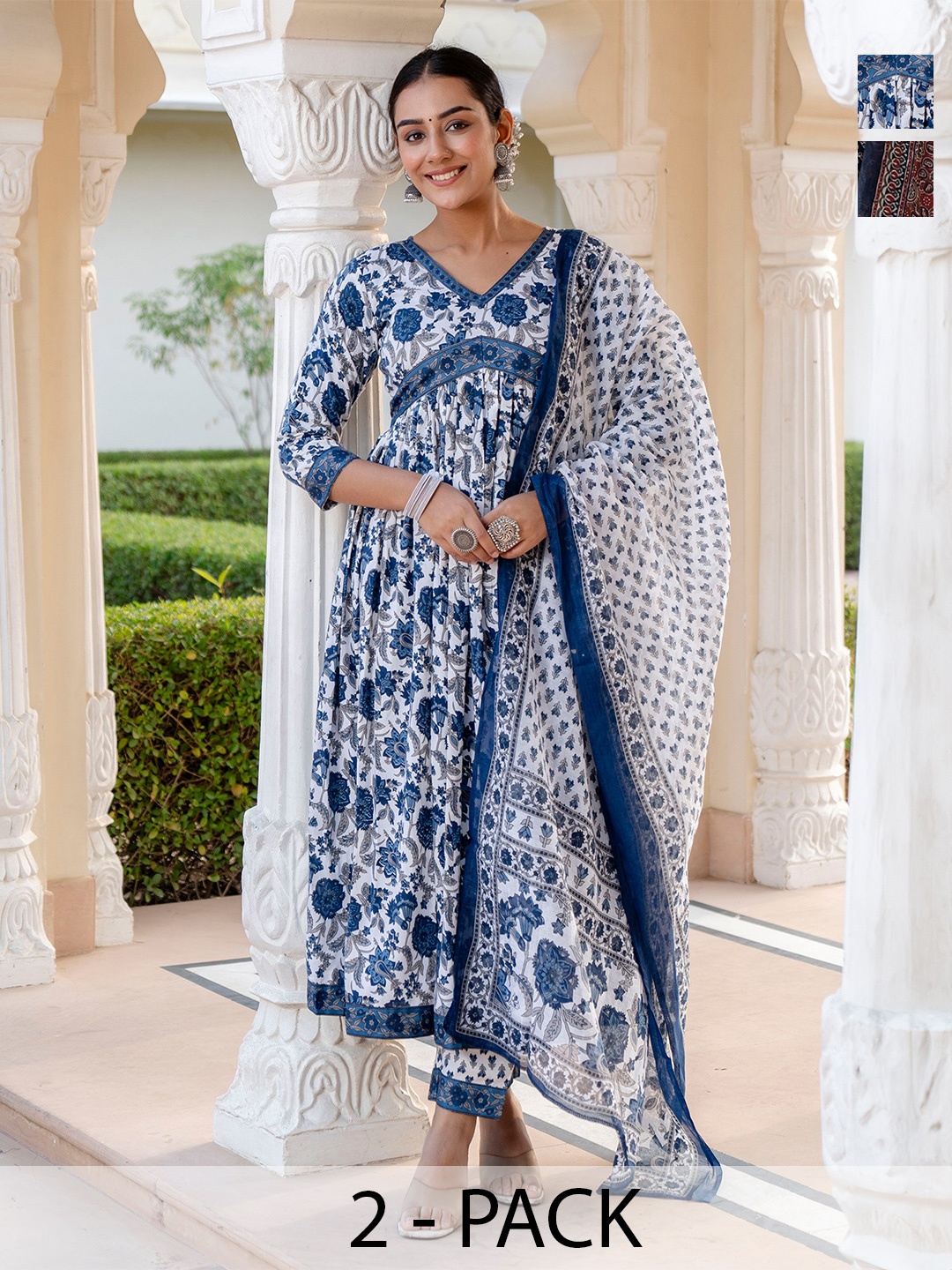 

KALINI Selection Of 2 Ethnic Motifs Printed Kurtas with Trousers And Dupattas, White