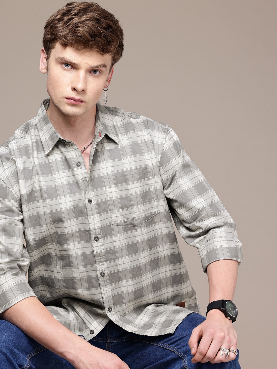 

The Roadster Life Co. Pure Cotton Checked Drop-Shoulder Sleeves Relaxed Fit Casual Shirt, Grey