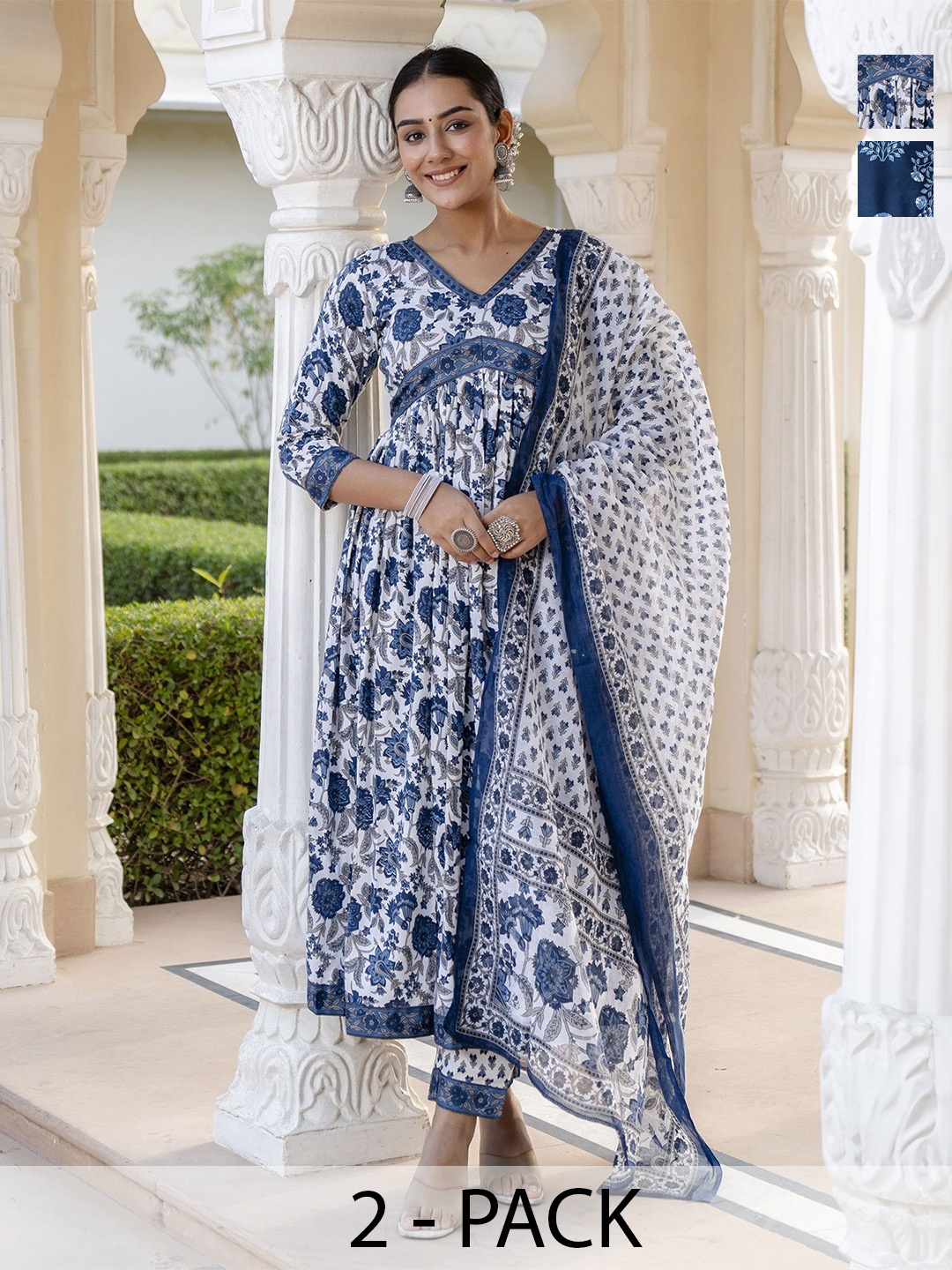 

KALINI Selection Of 2 Ethnic Motifs Printed Notch-Neck Kurtas With Trousers & Dupattas, Blue