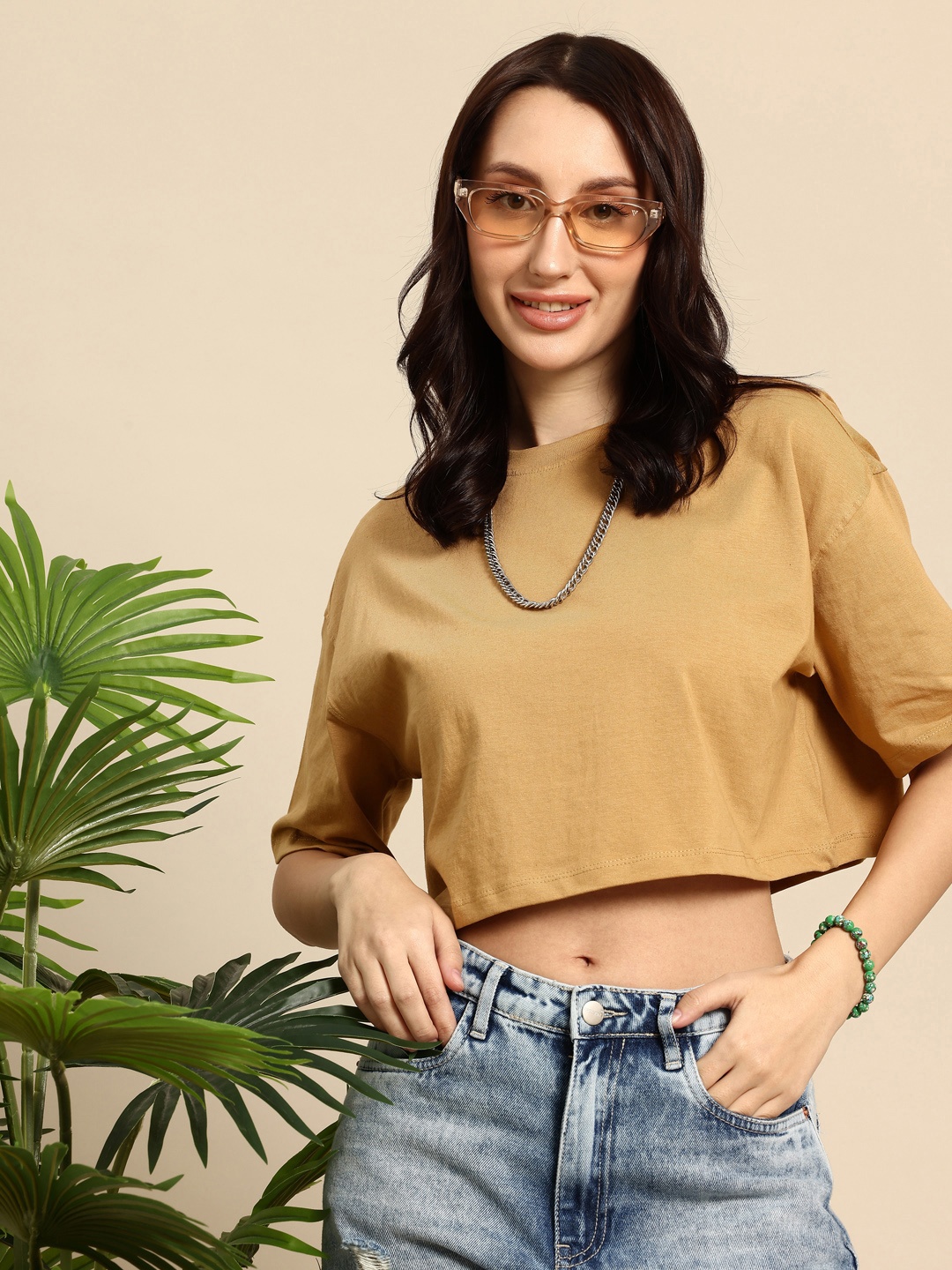 

Mast & Harbour Drop-Shoulder Sleeves Pure Cotton Oversized Crop T-shirt, Camel brown