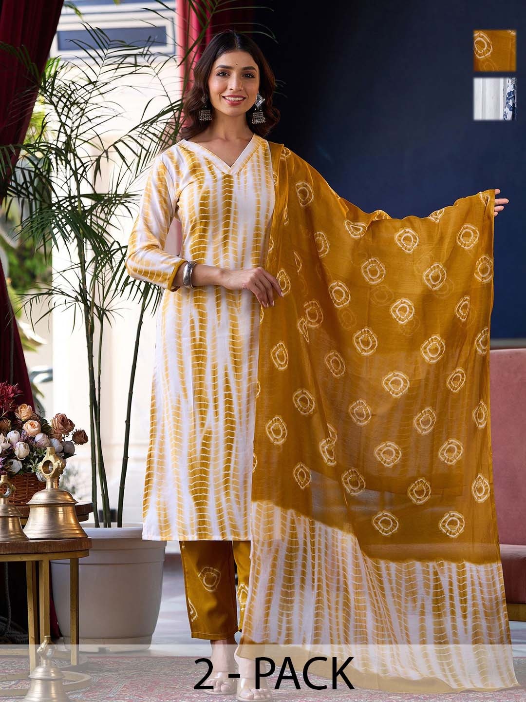 

KALINI Selection Of 2 Shibori Printed V-Neck Kurtas With Trouser & Dupattas, White