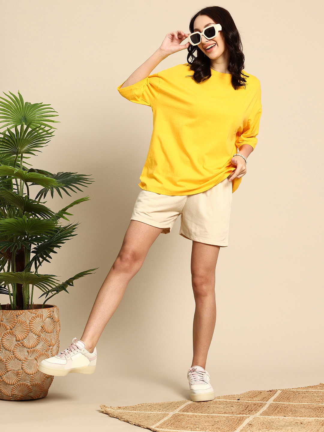 Mast & Harbour Pure Cotton Drop-Shoulder Sleeves Oversized T-shirt, Yellow