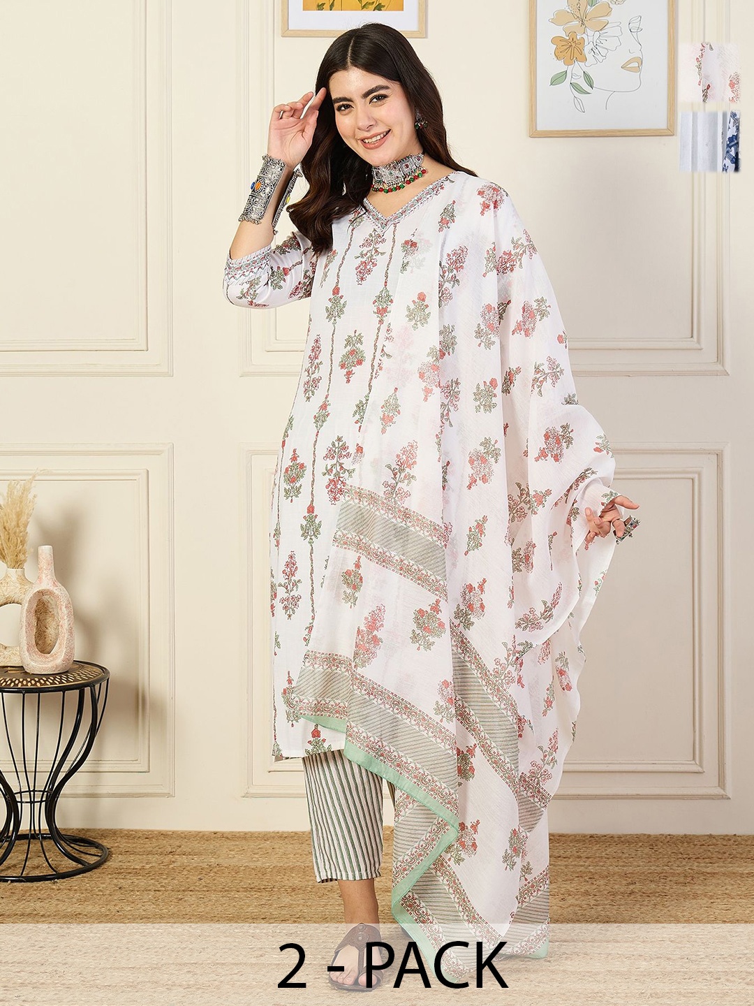 

KALINI Selection Of 2 Ethnic Motifs Printed V-neck Straight Kurta With Trousers & Dupattas, White
