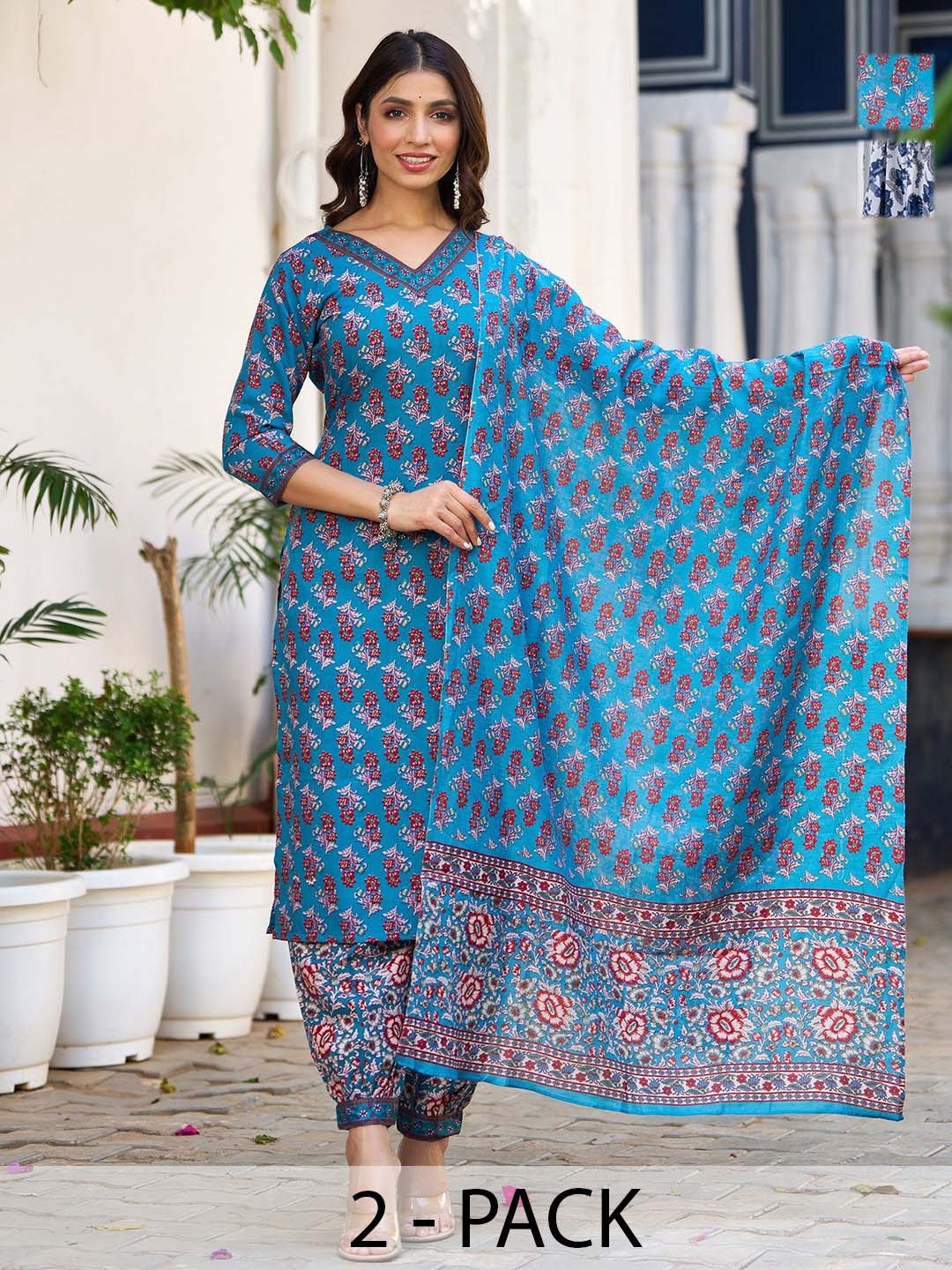 

KALINI Selection Of 2 Floral Printed V-neck Straight Kurtas With Salwars & Dupattas, Blue