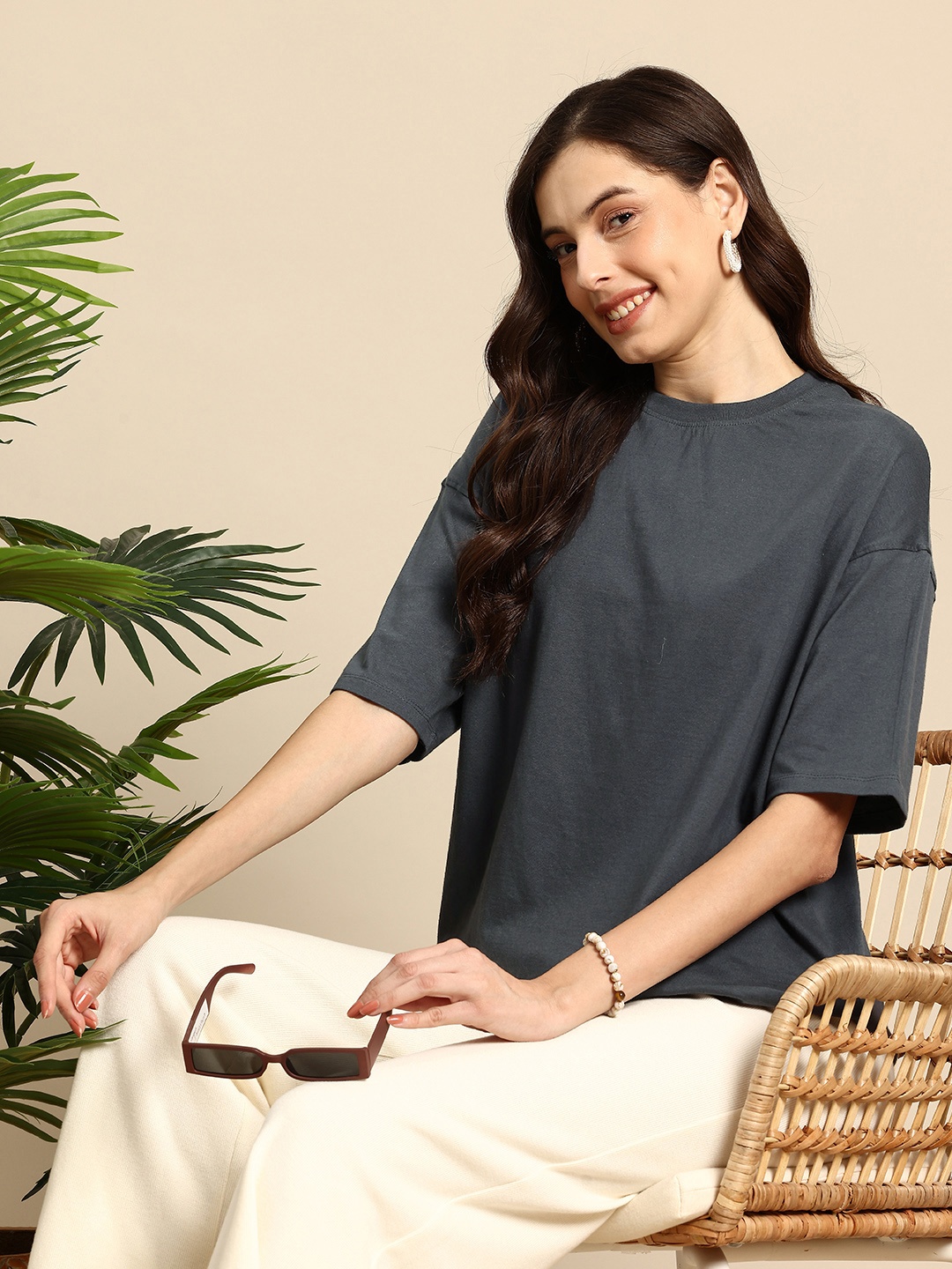 

Mast & Harbour Oversized Fit Drop-Shoulder Sleeves Pure Cotton T-shirt, Grey